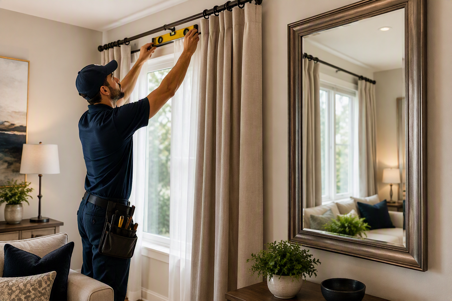 Curtain and mirror hanging